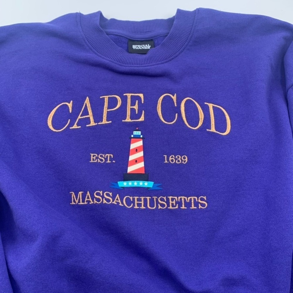 Cape Cod Sweatshirt  Purple Crewneck Boxy Fit Embroidered Measures Large READ